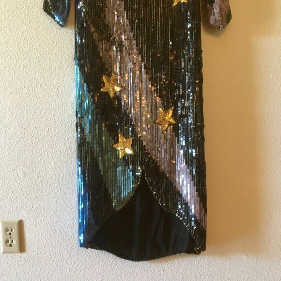 VTG 80s Black Sequins Dress Maxi Dress Gold Stars Blue Pink Lightning Bolt Sz 6 - Picture 3 of 16